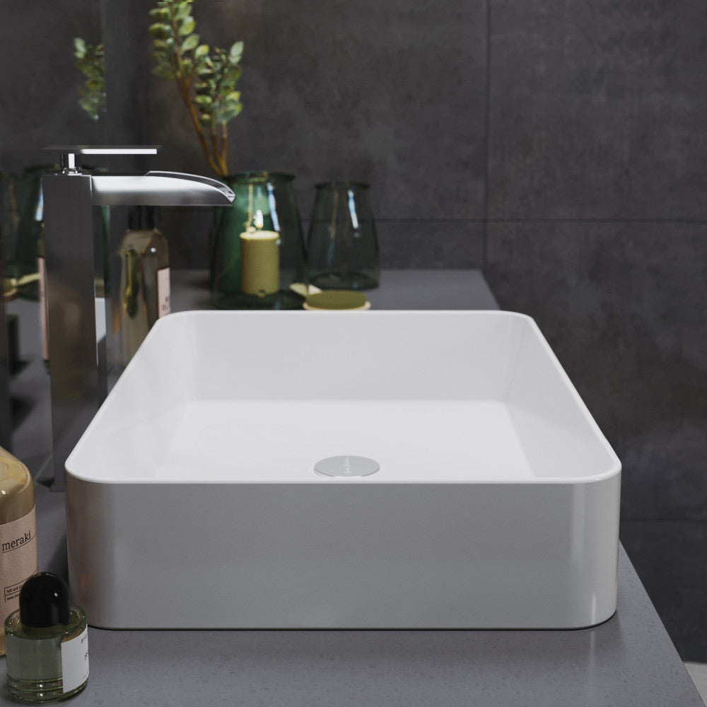 15-inch square white ceramic vessel sink with smooth rounded corners and top drain hole.
