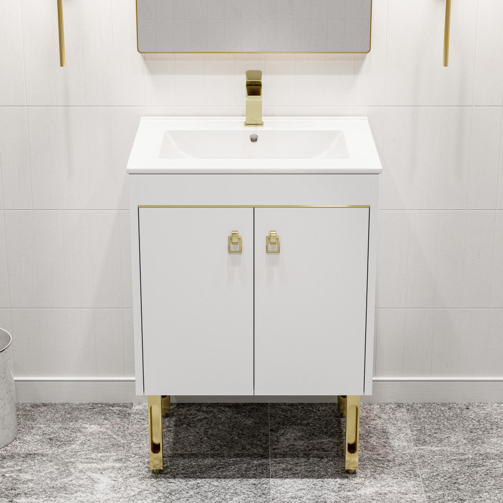 24-inch freestanding white bathroom vanity with single sink, gold hardware, and gold-accented legs.
