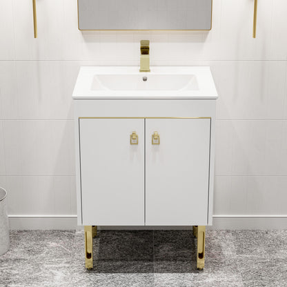 24-inch freestanding white bathroom vanity with single sink, gold hardware, and gold-accented legs.