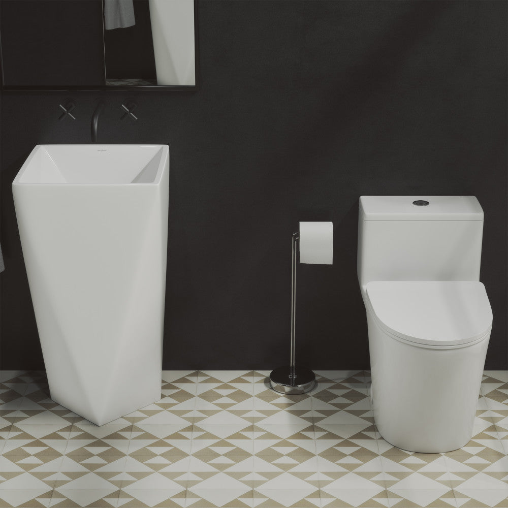 Elongated one-piece white toilet with dual-flush and smooth skirted trapway design.