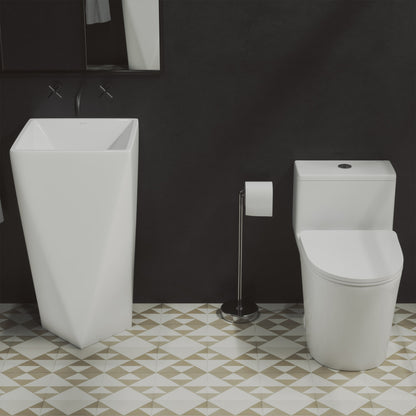 Elongated one-piece white toilet with dual-flush and smooth skirted trapway design.