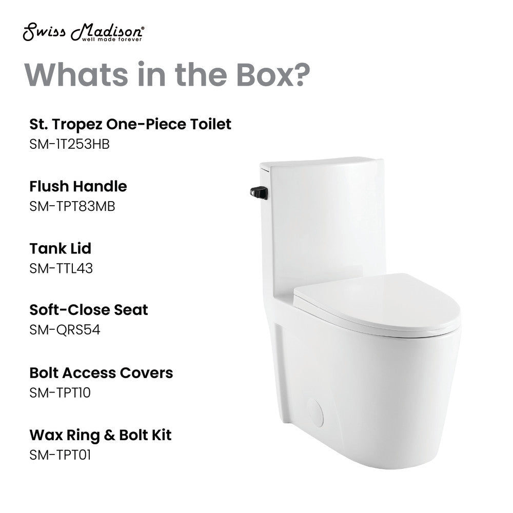 Elongated one-piece toilet with side flush and black hardware, soft-close seat.