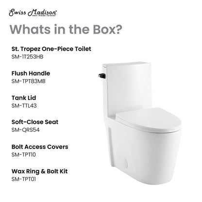 Elongated one-piece toilet with side flush and black hardware, soft-close seat.