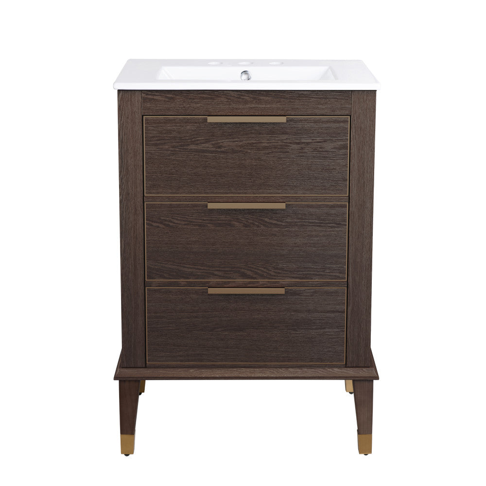Hugo 24 in. Brown Oak Bathroom Vanity With White, 3-Hole Ceramic Sink Top