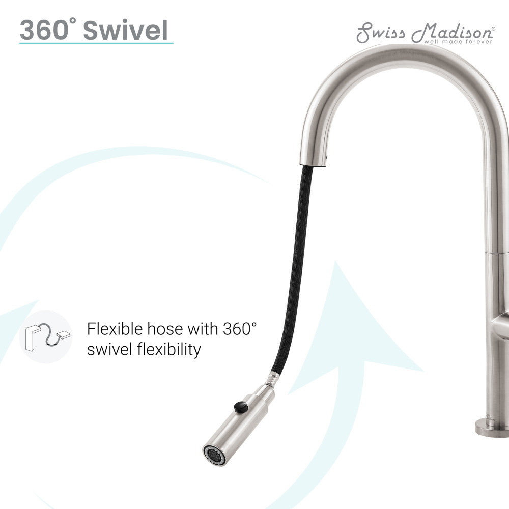 Pull-down single handle kitchen faucet in brushed nickel with flexible hose and 360° swivel.