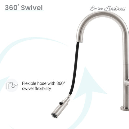 Pull-down single handle kitchen faucet in brushed nickel with flexible hose and 360° swivel.