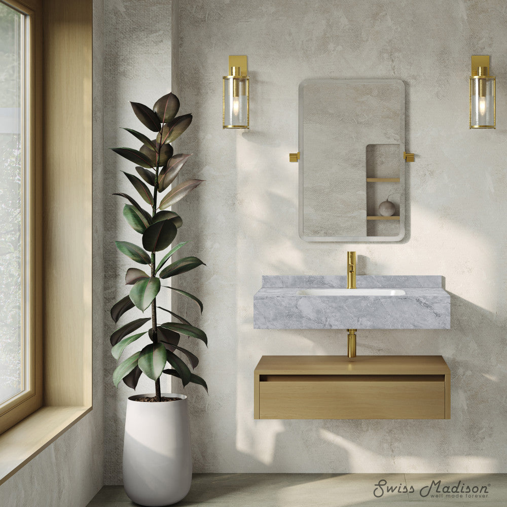 Avancer 36" Wall-Mounted Bathroom Vanity in Natural Oak with Storm Gray Sink Top