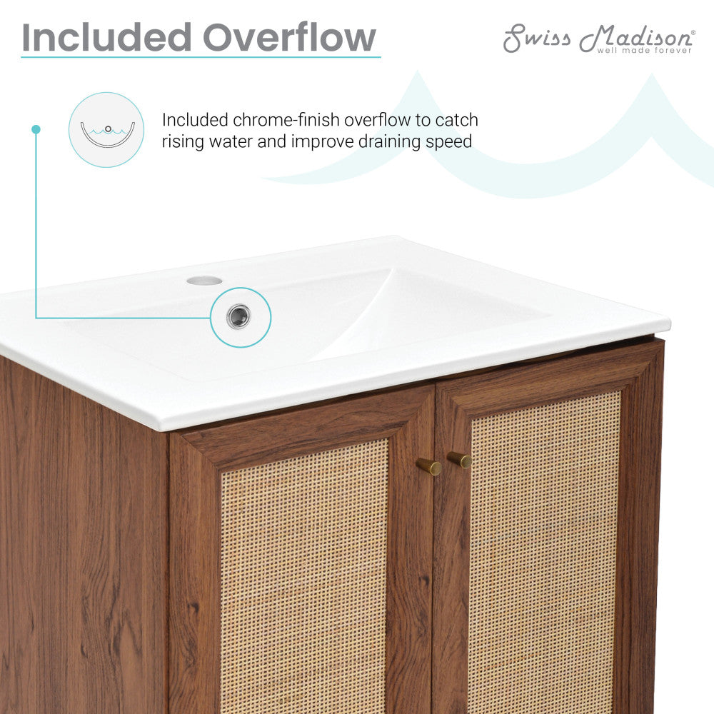 24-inch freestanding bathroom vanity in brown oak, single sink, soft-close doors, with white sink top.