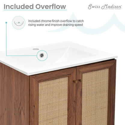 24-inch freestanding bathroom vanity in brown oak, single sink, soft-close doors, with white sink top.