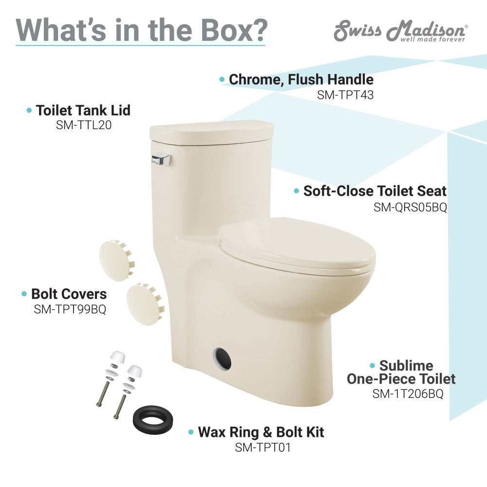 Elongated one-piece toilet in bisque with left side flush handle and soft-close seat.