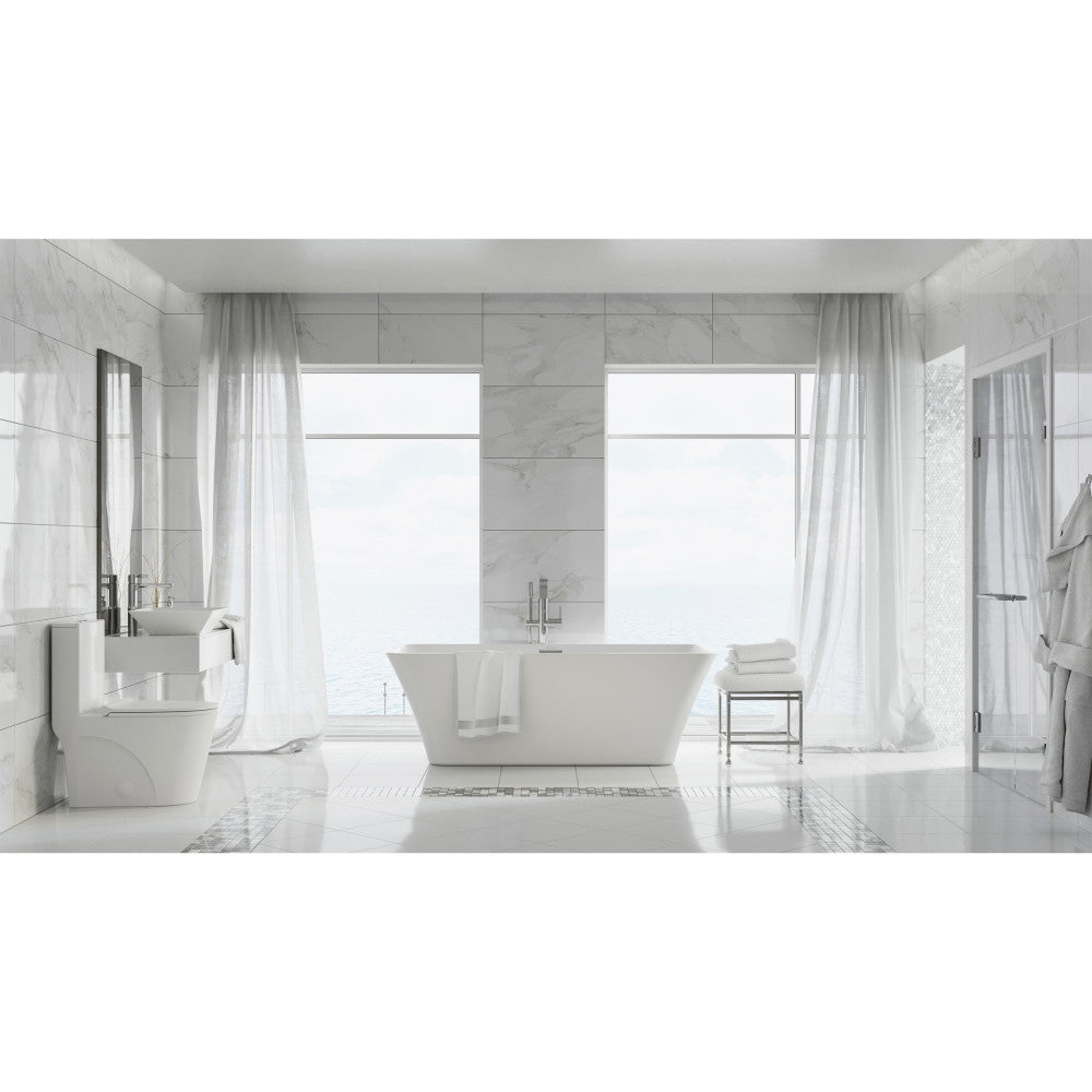 Freestanding soaking bathtub 67 inch, center drain, white acrylic with modern rectangular shape.