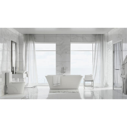 Freestanding soaking bathtub 67 inch, center drain, white acrylic with modern rectangular shape.