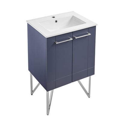 24-inch freestanding purple bathroom vanity with white sink top and three-door cabinet.