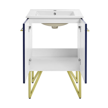 24-inch freestanding navy blue bathroom vanity with soft-close doors and white integrated sink top.