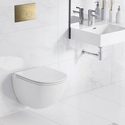 St. Tropez Wall-Hung Toilet Bundle 0.8/1.6 GPF Dual Flush in Glossy White with Brass Flush Plate