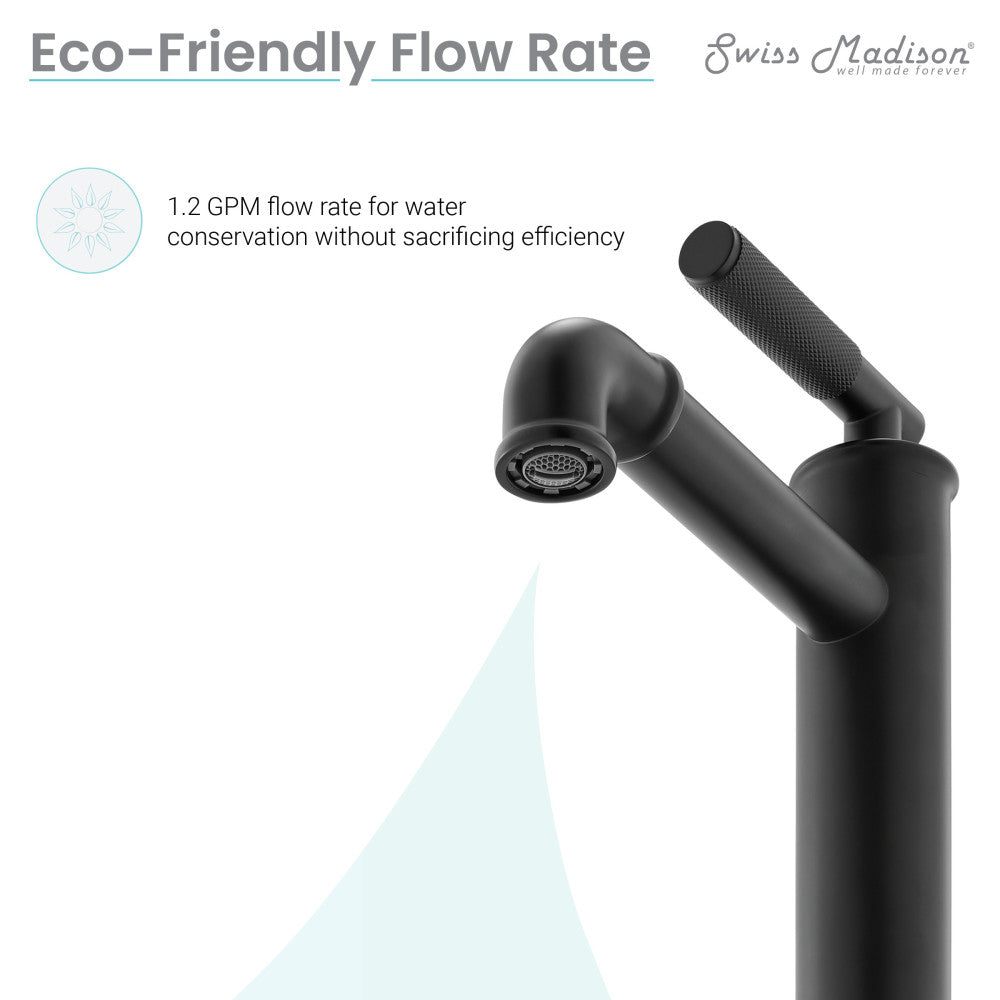 Single-handle bathroom faucet in matte black with a sleek high-arc spout and modern minimalist design.