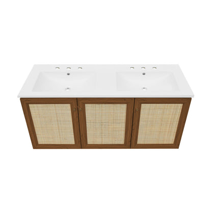 Classe 48" Wall-Mounted Bathroom Vanity in Brown Oak with 3-Hole Widespread Double Basin Sink Top