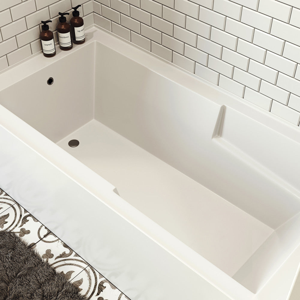 Alcove skirted 72" x 36" bathtub with left-hand drain, apron front, and armrest in white porcelain.