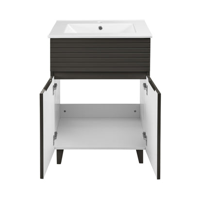 24-inch freestanding bathroom vanity in cedar gray with soft-close doors and white sink top.