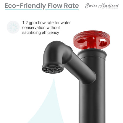 Single-handle bathroom faucet in matte black with red handle, Avallon collection, wall-mounted style.