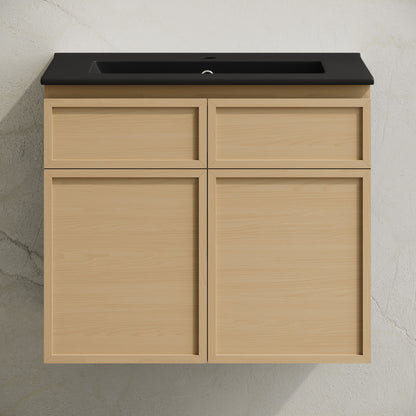 St. Tropez 24" Wall-Mounted Bathroom Vanity in Natural Oak with Black Sink Top