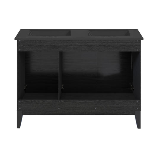 Cascade 48 in. Black Oak, Double Basin Bathroom Vanity With Black, 3-Hole Centerset Ceramic Sink Top