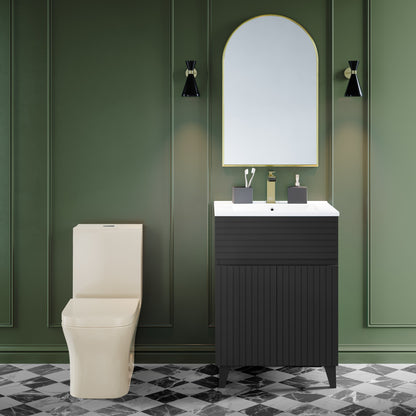 Elongated one-piece toilet in bisque with dual flush, set against green wall and checkered floor.