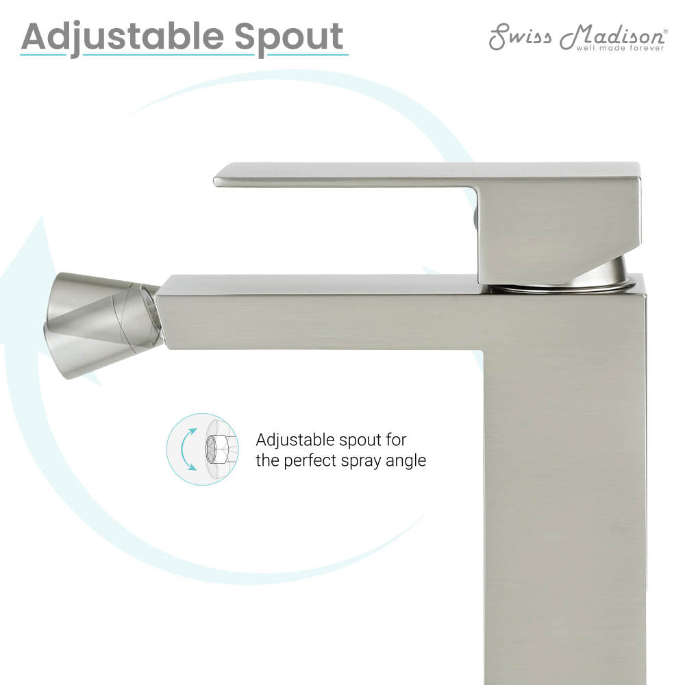 Single-handle bidet faucet in nickel with adjustable spout angle.