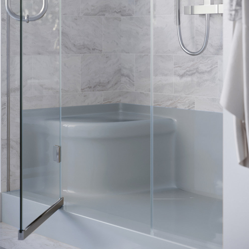 60" x 32" gray single threshold shower base with right-hand drain and integral left-hand seat.