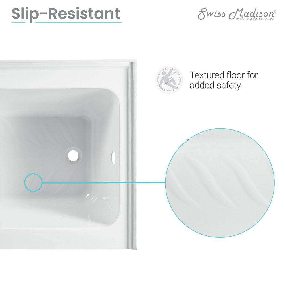 Apron front alcove bathtub 60 x 32 inch in glossy white acrylic, left-hand integral drain, textured slip-resistant floor.