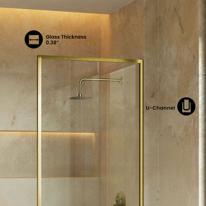Pierre 34 x 58 Framed Fixed 3/8 in. (10mm) Clear Tempered Glass Tub Door with Brushed Gold Frame