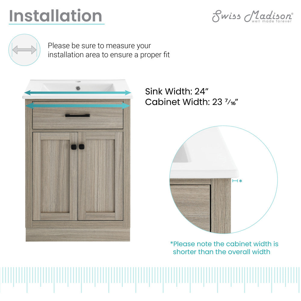 24-inch freestanding bathroom vanity in weathered oak with single sink and two-door cabinet.