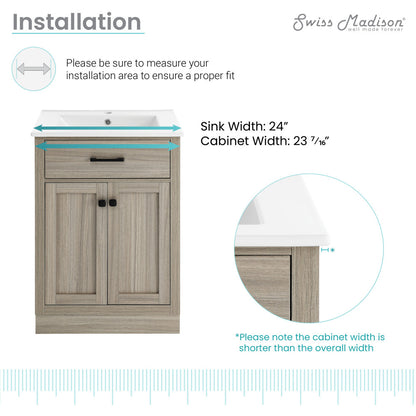 24-inch freestanding bathroom vanity in weathered oak with single sink and two-door cabinet.