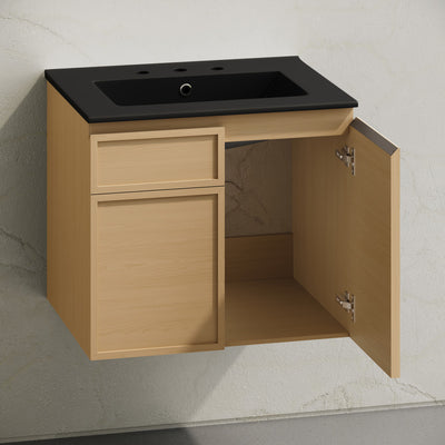 St. Tropez 24" Wall-Mounted Bathroom Vanity in Natural Oak with Black 3-Hole Centerset Sink Top