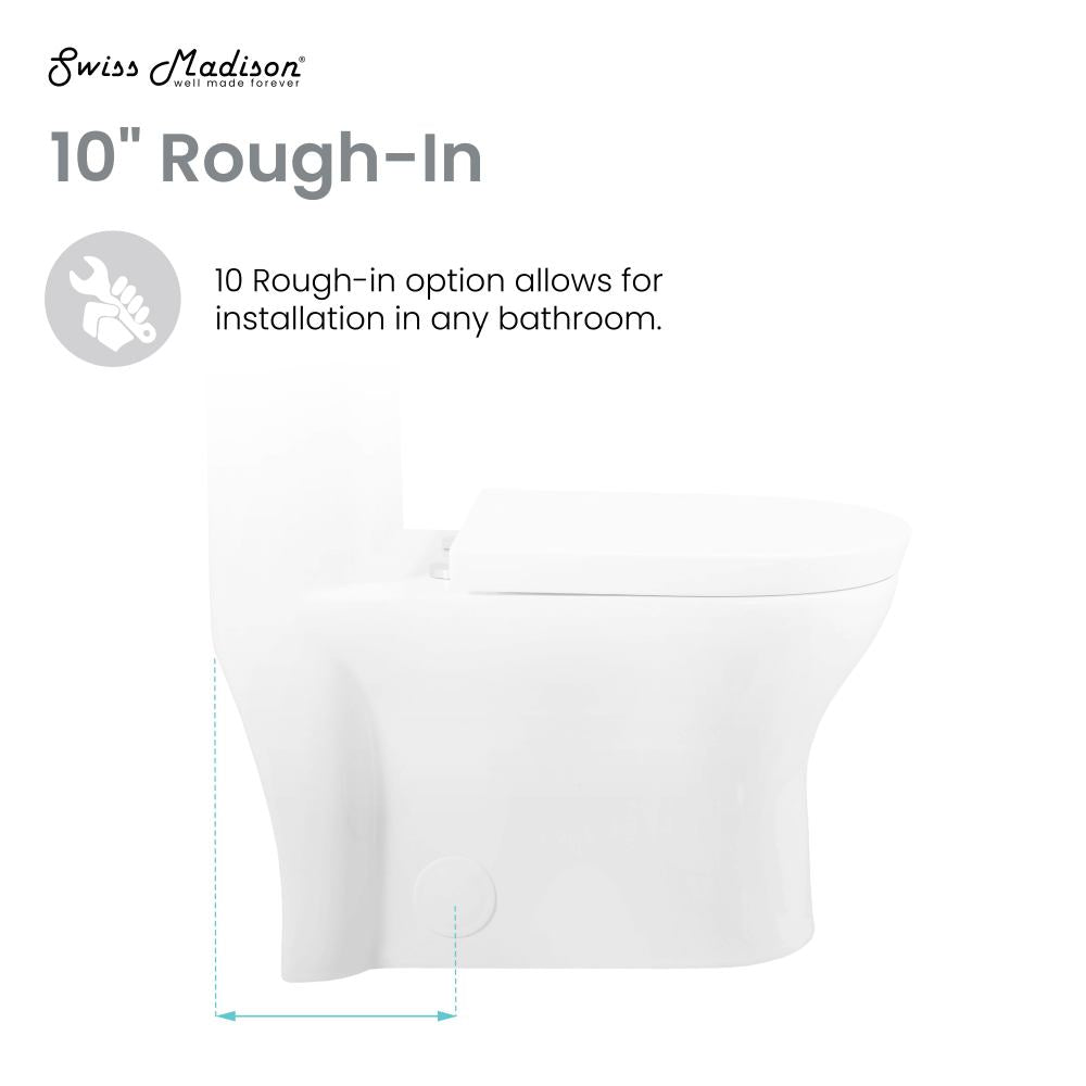 Elongated one-piece toilet, dual flush, 10" rough-in, white ceramic, compact design.