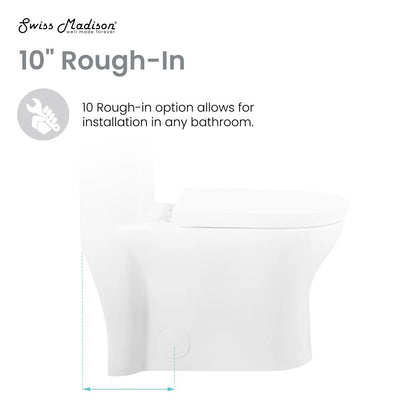 Elongated one-piece toilet, dual flush, 10" rough-in, white ceramic, compact design.
