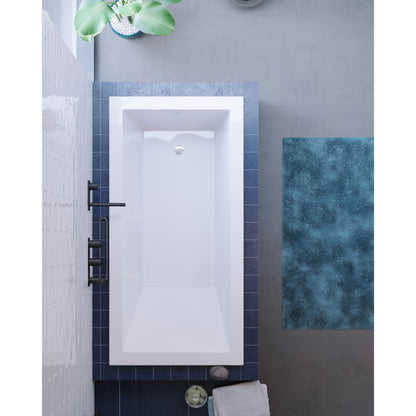 Drop-in rectangular bathtub 60 inch, reversible drain, white acrylic finish.