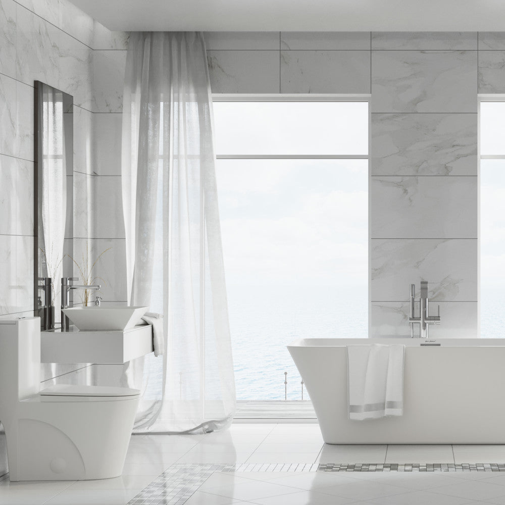 Elongated one-piece toilet with dual vortex flush and skirted trapway in white ceramic.