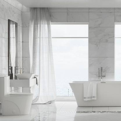Elongated one-piece toilet with dual vortex flush and skirted trapway in white ceramic.