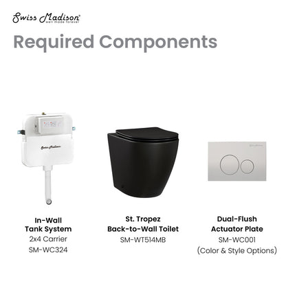 Elongated back-to-wall toilet bowl with black soft-close seat and dual-flush actuator plate in white.
