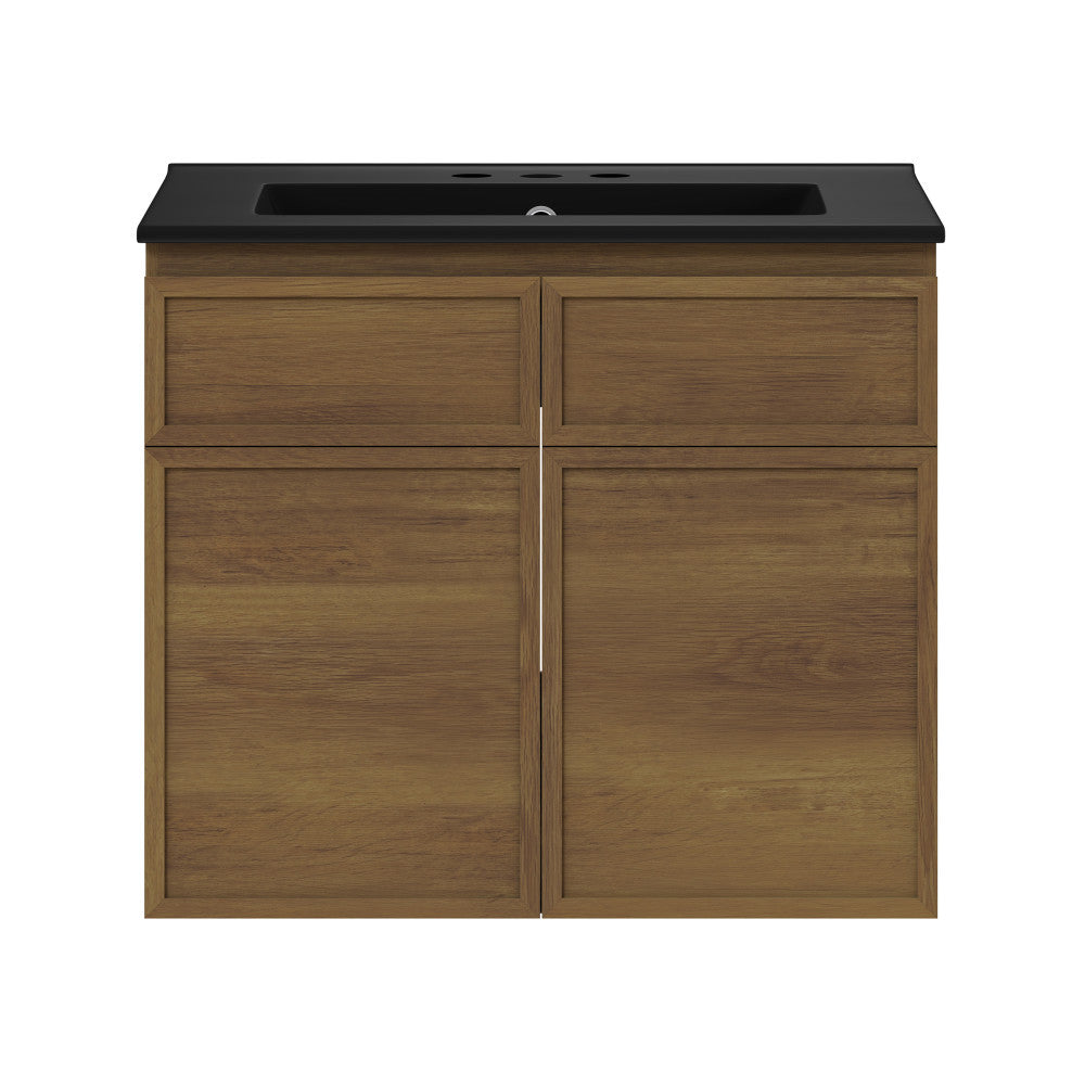 St. Tropez 24" Wall-Mounted Bathroom Vanity in Brown Oak with Black 3-Hole Widespread Sink Top