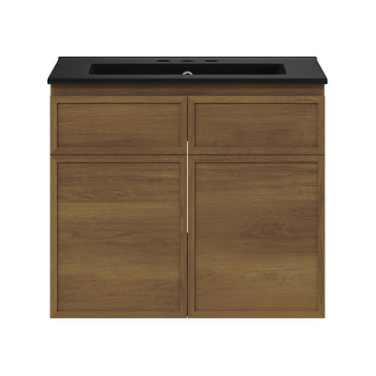 St. Tropez 24" Wall-Mounted Bathroom Vanity in Brown Oak with Black 3-Hole Widespread Sink Top