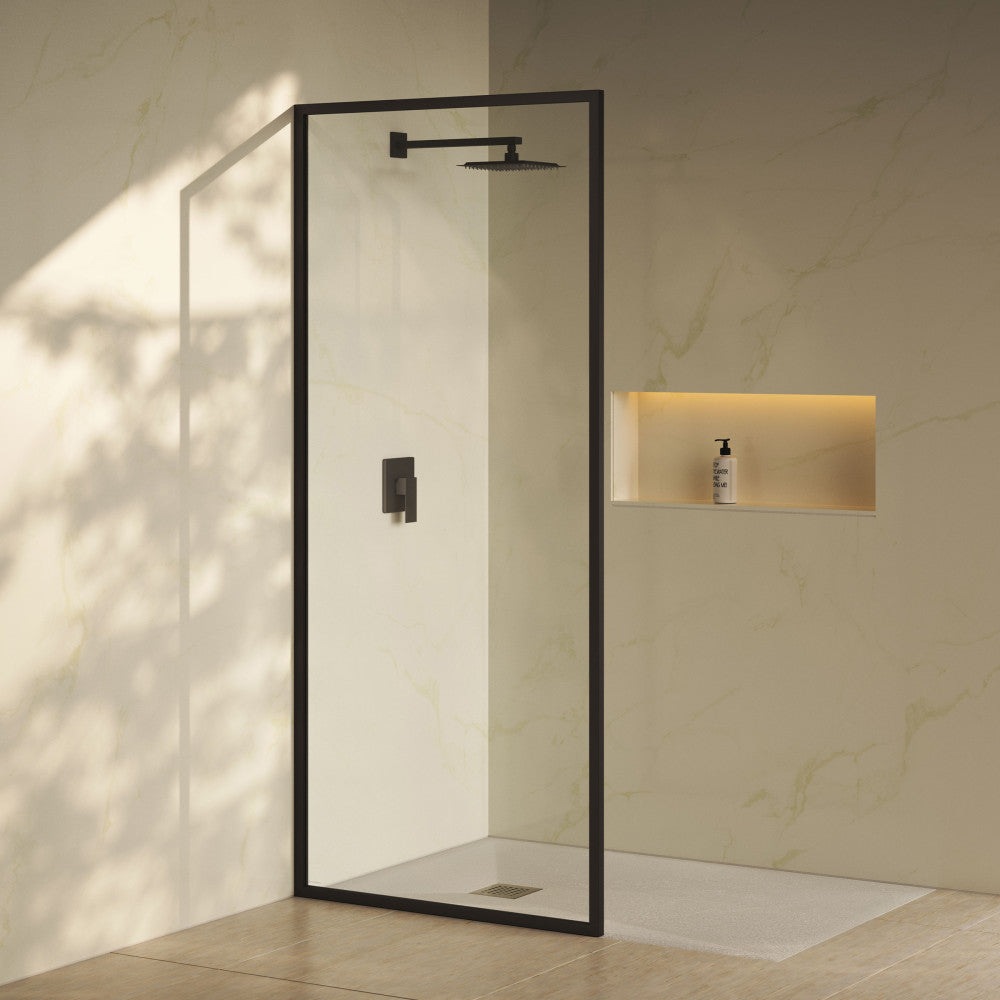 Pierre 34 x 76 Framed Fixed 3/8 in. (10mm) Clear Tempered Glass Shower Door with Matte Black Frame