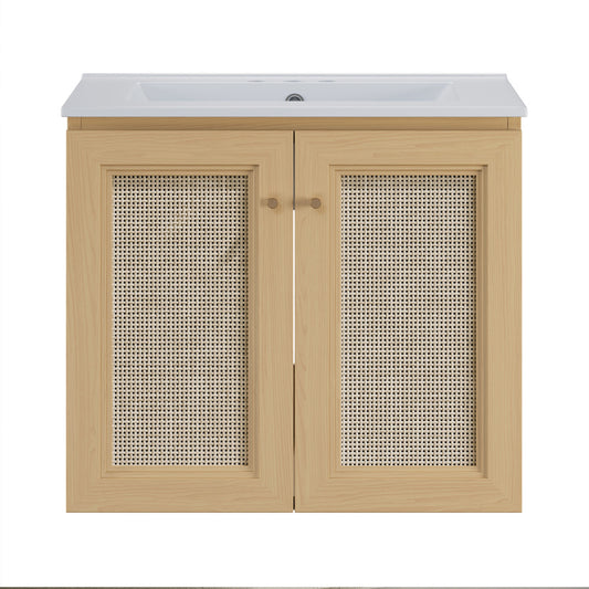Classe 24" Wall-Mounted Bathroom Vanity in Natural Oak with Centerset Faucet Holes Vanity Top