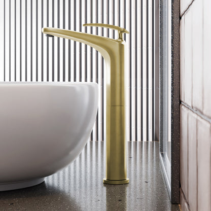 Single-handle high arc bathroom faucet in brushed gold with sleek modern design.