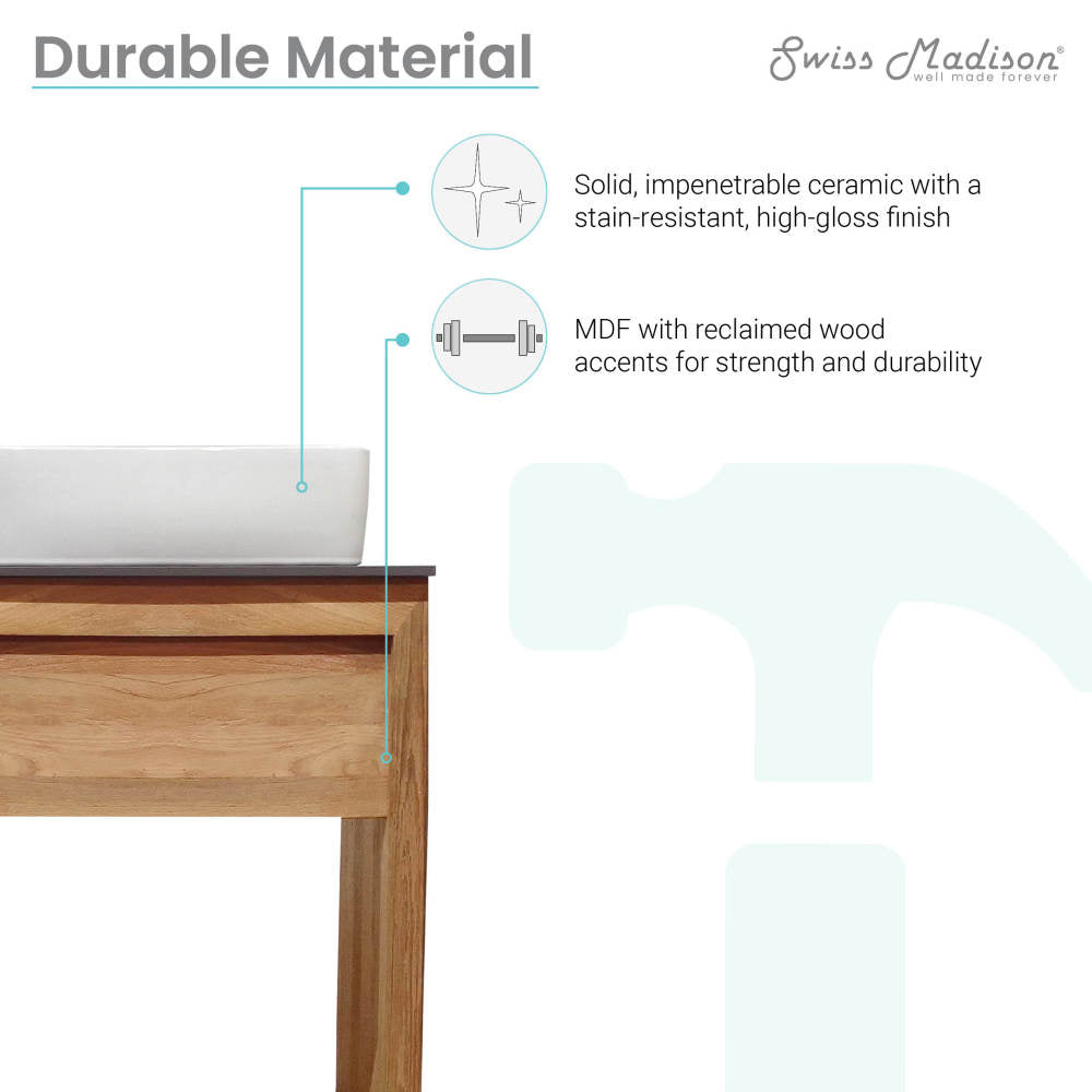 24-inch freestanding bathroom vanity with reclaimed wood, natural teak finish, slate countertop, single hole vessel sink.