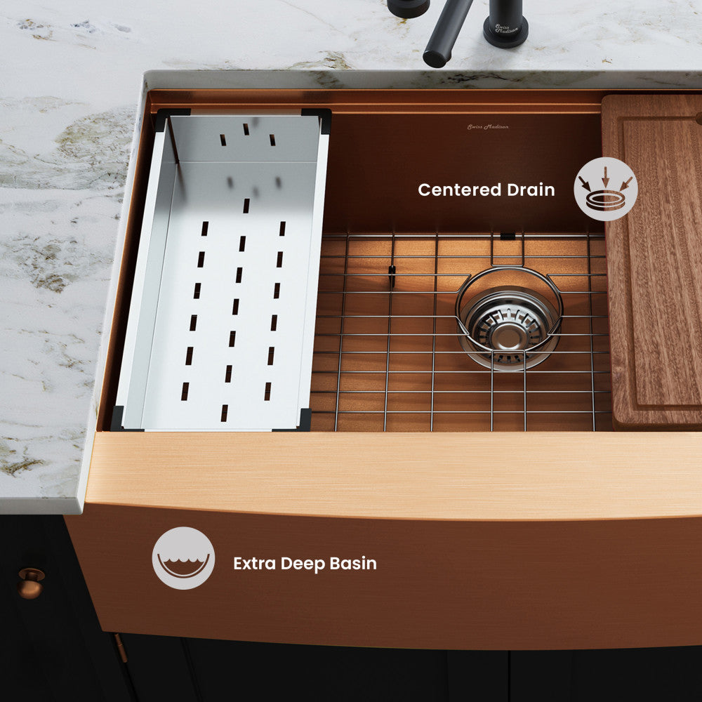 Tourner 33 x 22 Stainless Steel, Single Basin, Farmhouse Kitchen Workstation Sink with Apron in Rose Gold
