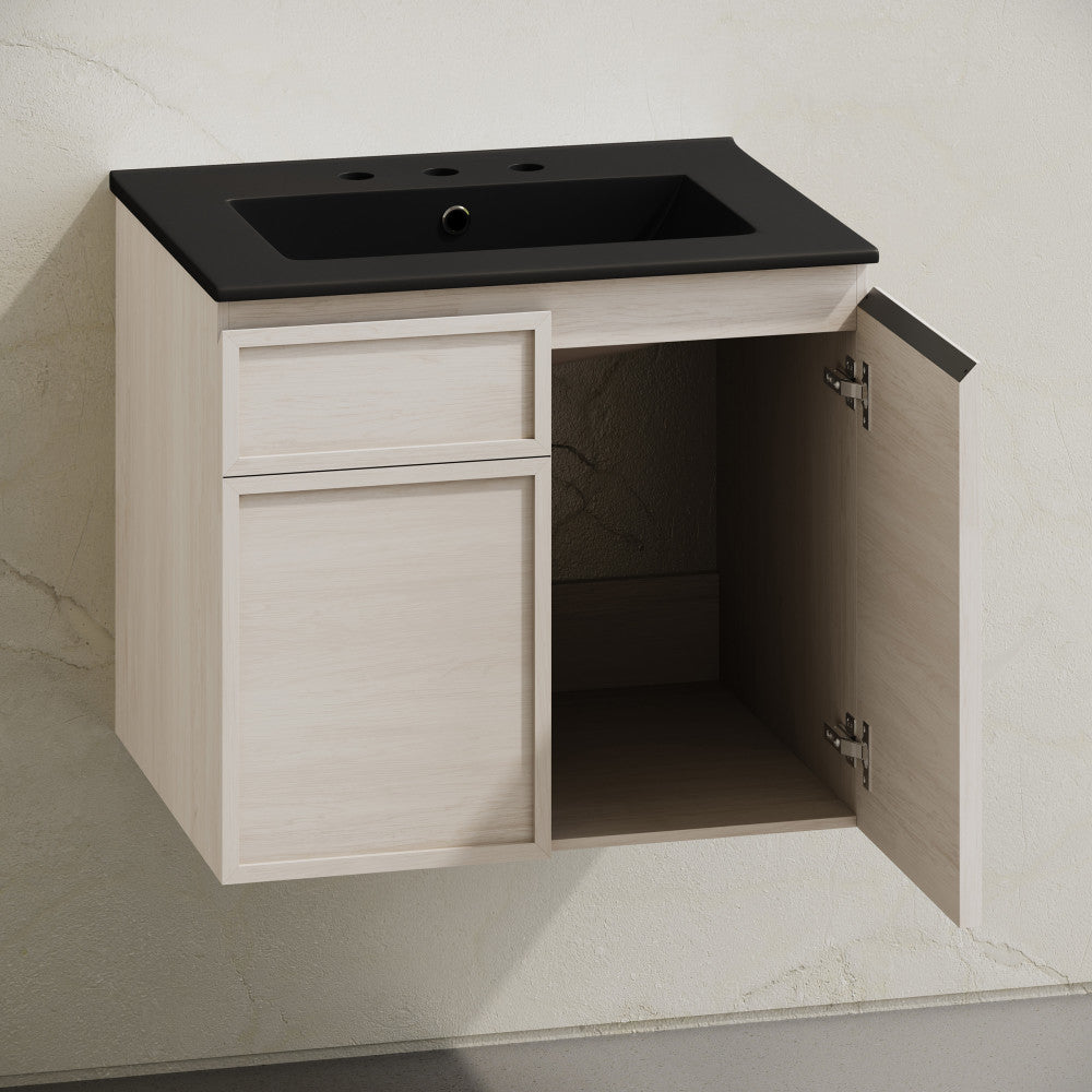 St. Tropez 24" Wall-Mounted Bathroom Vanity in White Oak with Black 3-Hole Widespread Sink Top