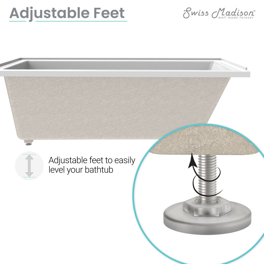 Alcove non-skirted bathtub 60-inch with right-hand drain and adjustable leveling feet.