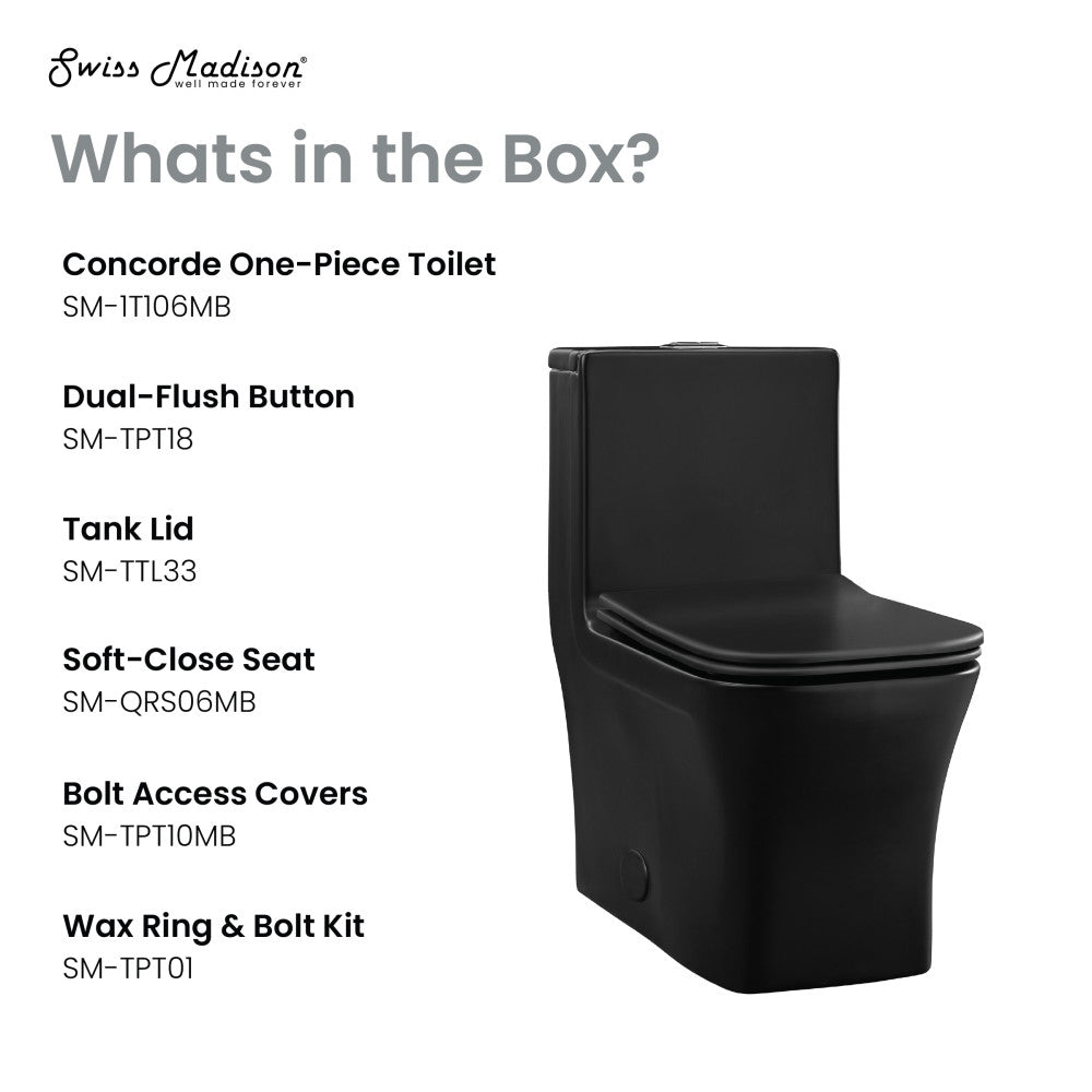 Elongated one-piece matte black toilet with dual top flush and soft-close seat.